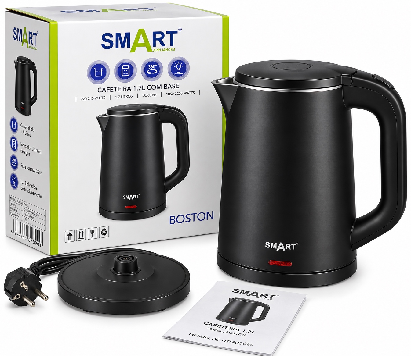 Chaleira Elétrica SMART BOSTON 1,7L – Preta | Base Giratória 360° | 1649 MZN | FRELIMO, Sommerschield, Maputo | MzDeal