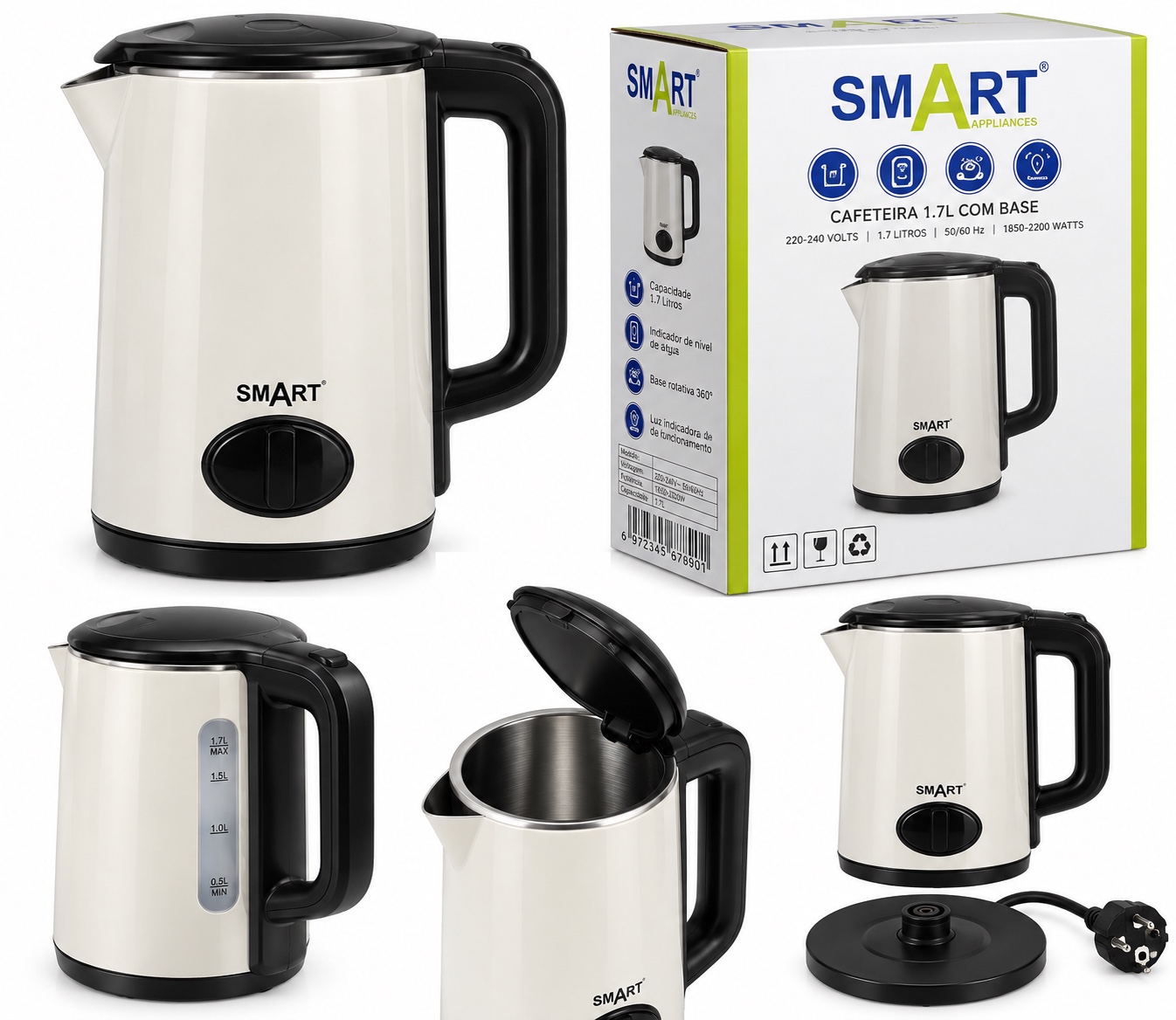 Chaleira Elétrica SMART 1,7L — Branca com Preto | 1499 MZN | FRELIMO, Sommerschield, Maputo | MzDeal