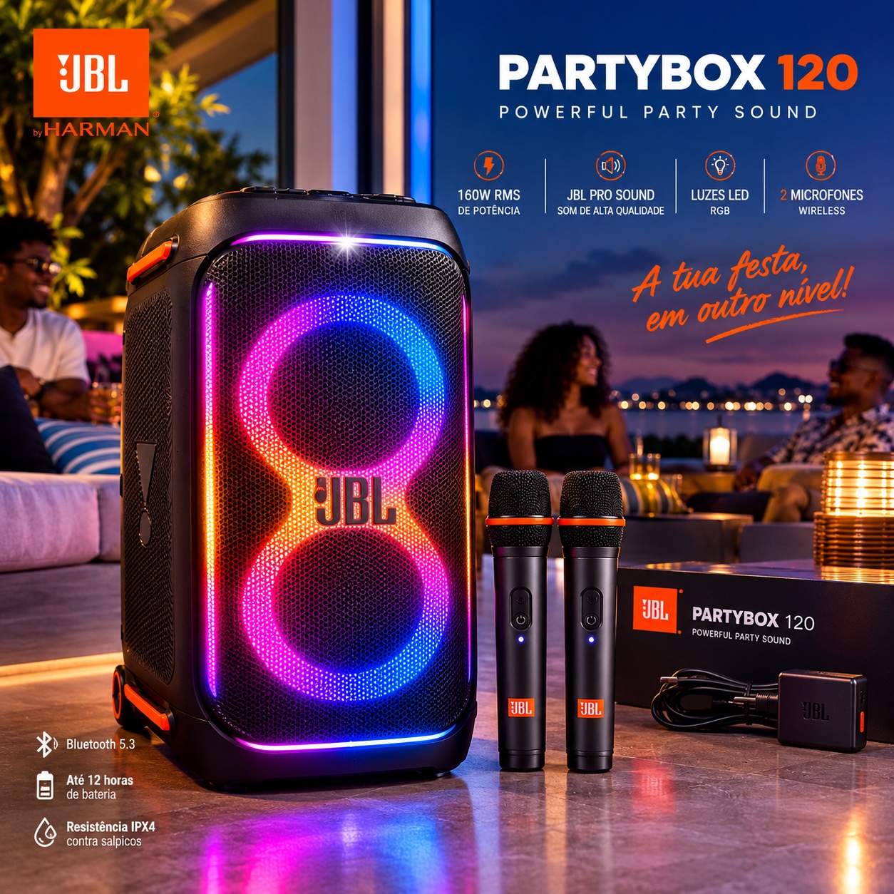 🔊 JBL PartyBox Club 120 + 2 Microfones Wireless | 160W RMS | Bluetooth | LED RGB | Karaoke | 41500 MZN | FRELIMO, Sommerschield, Maputo | MzDeal